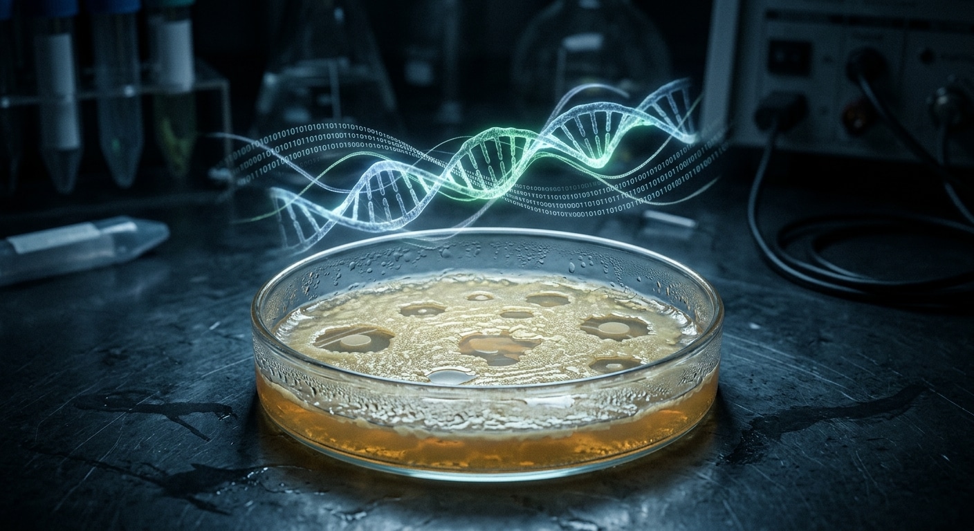 A hyper-realistic, cinematic close-up photograph of a glass Petri dish on a dark laboratory bench, illuminated by cool blue-white light. Inside the dish, a bacterial culture shows several expanding clear circular zones — plaques — where cells have been destroyed. Hovering above the dish in a shallow depth-of-field blur, abstract glowing strand-like structures resembling DNA helixes intertwined with flowing lines of binary code suggest an artificial intelligence designing biological sequences. The atmosphere is tense and ambivalent — scientifically wondrous yet subtly ominous. Deep shadows frame the edges of the scene, while the center glows with clinical precision. The color palette is dominated by cool steel blues, translucent amber from the agar medium, and faint bioluminescent greens. Editorial science photography style, ultra-detailed, moody lighting, 4K resolution.