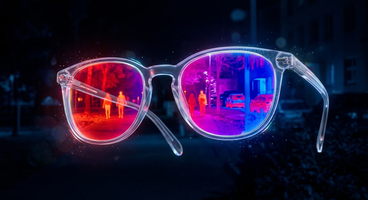A pair of sleek, semi-transparent futuristic glasses floating against a dark background, with a vivid infrared color vision overlay effect visible through the lenses — deep reds glowing on one side gradually transitioning through violet and magenta to electric blue on the other, representing thermal and infrared spectral data mapped to color. The glasses are ultra-lightweight and minimal in design, resembling modern reading glasses rather than bulky night-vision goggles. Around the lenses, soft quantum dot particles and OLED light emission effects are subtly visualized as microscopic glowing dots and layered light bands. The background fades into darkness with faint silhouettes of a nighttime outdoor scene rendered in the same infrared color palette — red warm bodies, blue cool metallic surfaces — visible through the lenses as a second layer of reality. The overall mood is scientific, futuristic, and editorial, with a rich color palette of deep red, cobalt blue, violet, and magenta against near-black. Cinematic lighting, photorealistic render style with a clean editorial aesthetic.