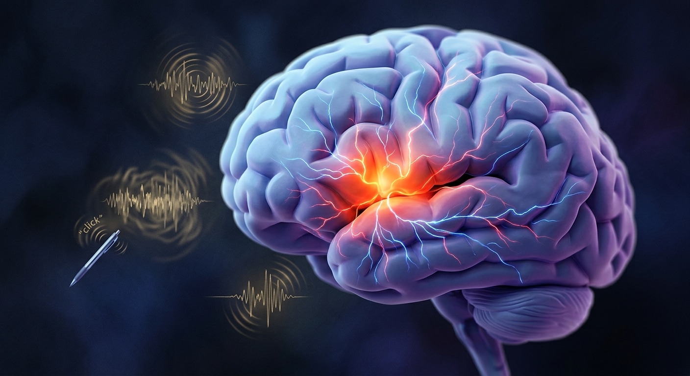 A photorealistic editorial illustration showing a close-up of a human brain rendered in soft blue and violet tones, with the anterior insula region glowing in intense amber and red, highlighting its neural connections radiating outward like electric sparks toward areas associated with hearing and motor response. Surrounding the brain, subtle visual representations of triggering sounds float in the air — sound waves emanating from a pen clicking, someone chewing, a nose sniffling — depicted as rippling golden waveforms. The background is dark and atmospheric, deep navy blue, giving the image a scientific yet emotionally charged feeling. The overall mood is tense and introspective, blending neuroscience aesthetics with a sense of visceral, involuntary reaction. Cinematic lighting, high detail, no text.