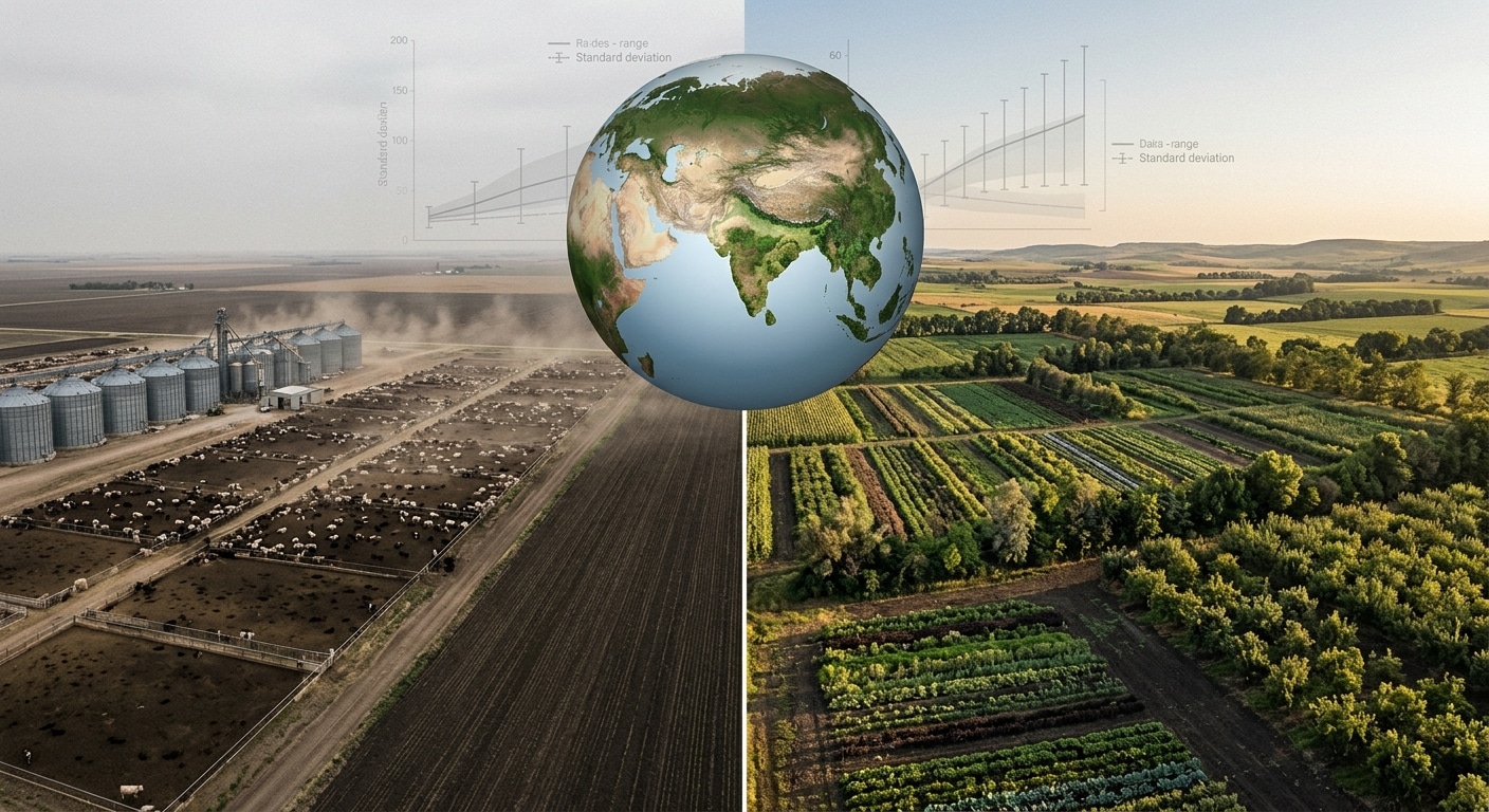 A photorealistic editorial illustration showing a dramatic split-view of a global agricultural landscape: on one side, vast industrial livestock farms with crowded feedlots and grain silos stretching to the horizon under a hazy sky; on the other side, lush, diverse fields of vegetables, legumes, fruit trees, and nut groves bathed in warm golden light. In the middle, a large globe floats above the dividing line, with green landmasses partially transformed — one region marked by the silhouette of India filled with wild vegetation and rewilded land. Scientific graphs and data points subtly integrated as faint overlays in the background suggest modeling uncertainty and wide statistical ranges. The overall tone is contemplative and complex, neither utopian nor dystopian, conveying the scale of systemic transformation required. Cinematic lighting, wide panoramic composition, documentary photography style with a slightly desaturated color palette.