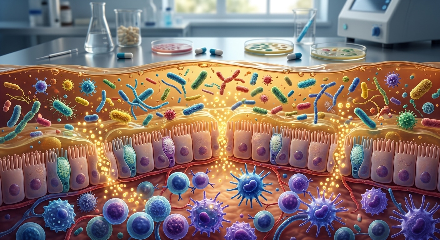 A photorealistic editorial-style illustration showing a cross-section of the human gut and immune system interaction. In the foreground, a detailed microscopic view of the intestinal microbiome — colorful, diverse bacteria and microorganisms floating in a warm amber-toned intestinal environment. Glowing bile acid molecules act as chemical messengers, represented as luminous golden particles connecting the gut lining to immune cells. In the background, a softly blurred laboratory setting with medical capsules on a sterile surface. The overall color palette blends deep blues and purples of the immune system with the warm golds and oranges of the gut microbiome, evoking scientific discovery and biological complexity. The mood is clinical yet hopeful, with dramatic macro lighting highlighting the microscopic world within the human body. No text or labels.