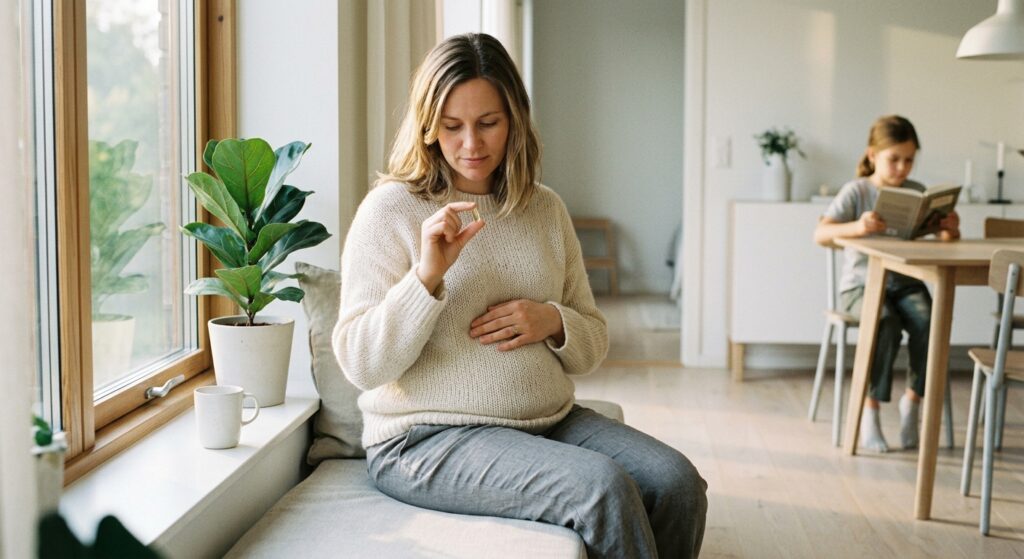 A pregnant woman sitting by a sunlit window in a calm, Scandinavian-style interior, gently holding a vitamin supplement capsule between her fingers, with soft morning light streaming in. Her expression is thoughtful and serene. In the soft-focus background, a young child of about 9–10 years old is reading a book at a table, suggesting the passage of time and a cognitive connection between mother and child. The mood is warm, scientific yet intimate. The visual style is clean editorial photography with a gentle golden and white color palette, shallow depth of field, and a quiet, contemplative atmosphere evoking both medical research and everyday family life.
