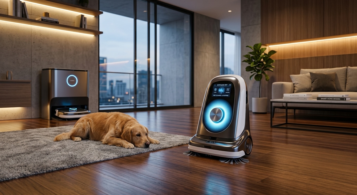 A sleek, ultramodern smart home interior with polished hardwood floors and minimalist furniture, featuring a futuristic wet-dry floor cleaning device with a glowing sensor display panel emitting soft blue light. The machine's robotic docking station stands prominently in the background, with subtle visual indicators of automated self-cleaning cycles. A golden retriever lounges comfortably nearby on a clean rug, symbolizing a pet-friendly environment. The scene is bathed in warm, ambient lighting with cool tech-blue accents highlighting the device's advanced sensors and digital interface. The overall atmosphere blends domestic comfort with cutting-edge technology, suggesting effortless AI-powered home maintenance. Photorealistic, editorial-style product photography aesthetic with depth of field, 2026 futuristic smart home setting.