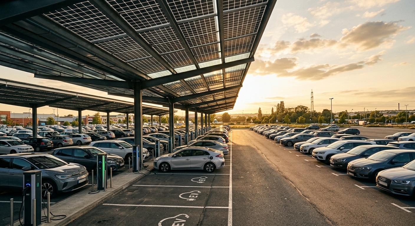 A vast European commercial parking lot photographed from a dramatic low angle at golden hour, with one half of the lot covered by sleek solar panel canopies casting geometric shadows over parked cars, while the other half remains open to the sky — visually splitting the image between progress and inaction. Electric vehicle charging stations glow beneath the solar canopy on one side. The scene is cinematic and editorial in style, with warm late-afternoon light, realistic architectural detail, and a sense of scale that emphasizes the untapped potential of existing urban infrastructure. No text, no logos, photorealistic quality.