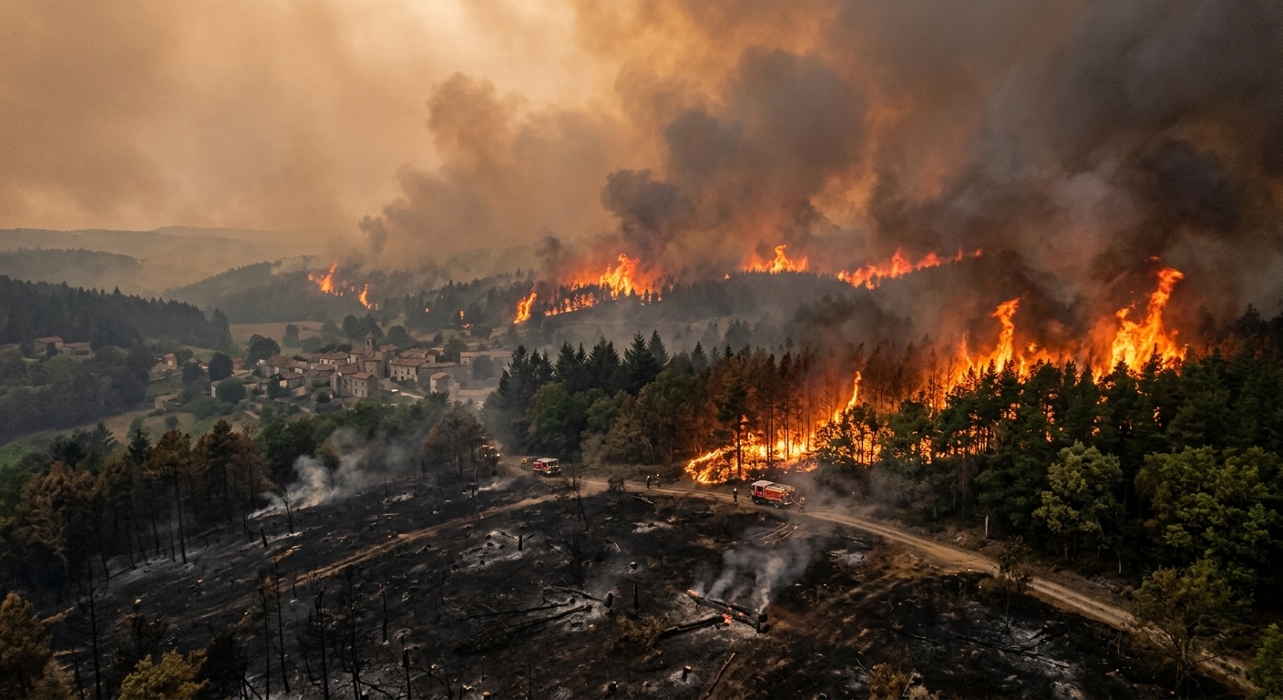 A vast European landscape engulfed in a massive wildfire, with towering walls of orange and red flames consuming dense forests stretching across rolling hills. In the foreground, scorched black earth and smoldering tree stumps contrast with the inferno behind. A hazy, smoke-filled sky dominates the upper half of the image, casting an apocalyptic amber glow over the entire scene. In the middle distance, barely visible through the smoke, the silhouette of a small rural town or village hints at the human stakes. The scale of the fire dwarfs any human presence, conveying an overwhelming, unstoppable force of nature. The visual style is dramatic and photorealistic, with the quality of a high-impact editorial photograph, evoking both the immediate urgency and the long-term systemic threat of escalating wildfires across central and southern Europe.