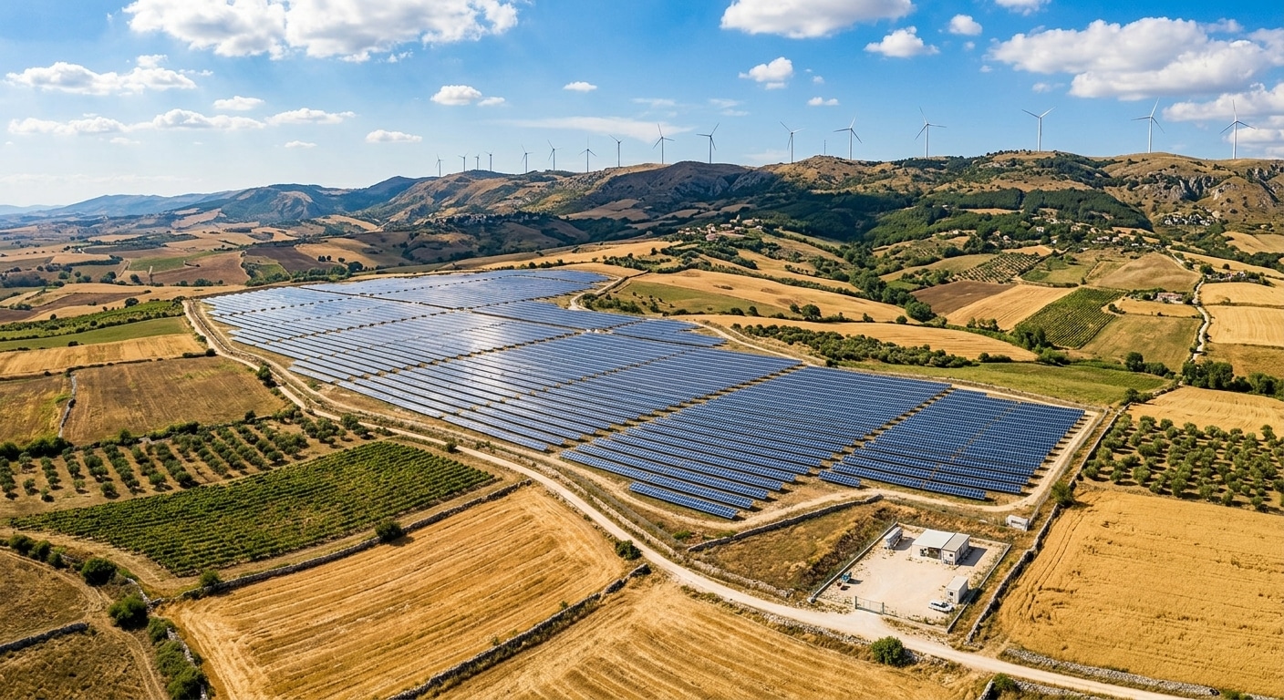 A wide aerial view of the Italian countryside in southern Italy, showing a large solar photovoltaic farm stretching across a sun-drenched landscape in Basilicata or Puglia, with rows of gleaming solar panels reflecting the intense summer light. In the background, wind turbines rise along a ridge, their blades turning against a vivid blue sky with scattered white clouds. Rolling agricultural fields in warm golden and green tones surround the renewable energy installations, conveying the tension between land use and clean energy expansion. The scene is bathed in bright Mediterranean afternoon light, evoking scale, ambition, and the industrial transformation of Italy's energy landscape. Editorial photography style, realistic, cinematic wide angle, high detail, warm tones.