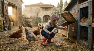 A young child in worn rubber boots and simple clothes crouching in a rustic farmyard, reaching toward a wooden henhouse to collect eggs at golden morning light, surrounded by chickens pecking at straw-covered ground, a weathered wooden fence in the background, dust particles visibly floating in warm sunlight streaming through a barn door, a pastoral Italian countryside setting with an old stone farmhouse. The atmosphere is warm, nostalgic, and intimate. Photorealistic editorial style with soft natural lighting, shallow depth of field, muted earth tones, documentary photography aesthetic.