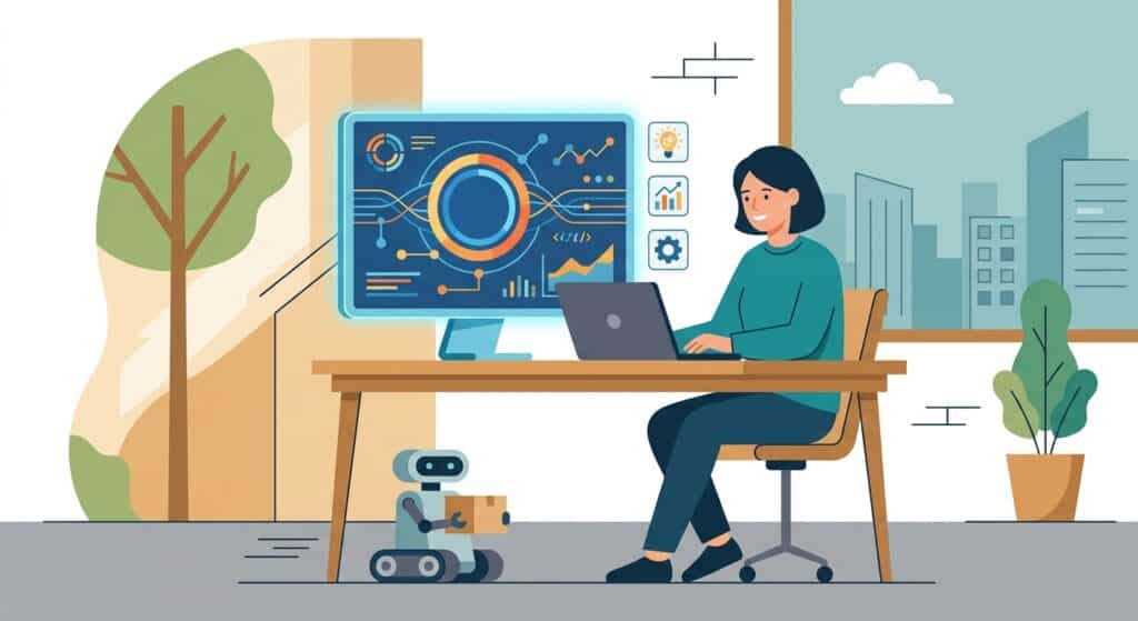 AI e lavoro, illustrazione flat minimale. Pochi elementi, niente testi