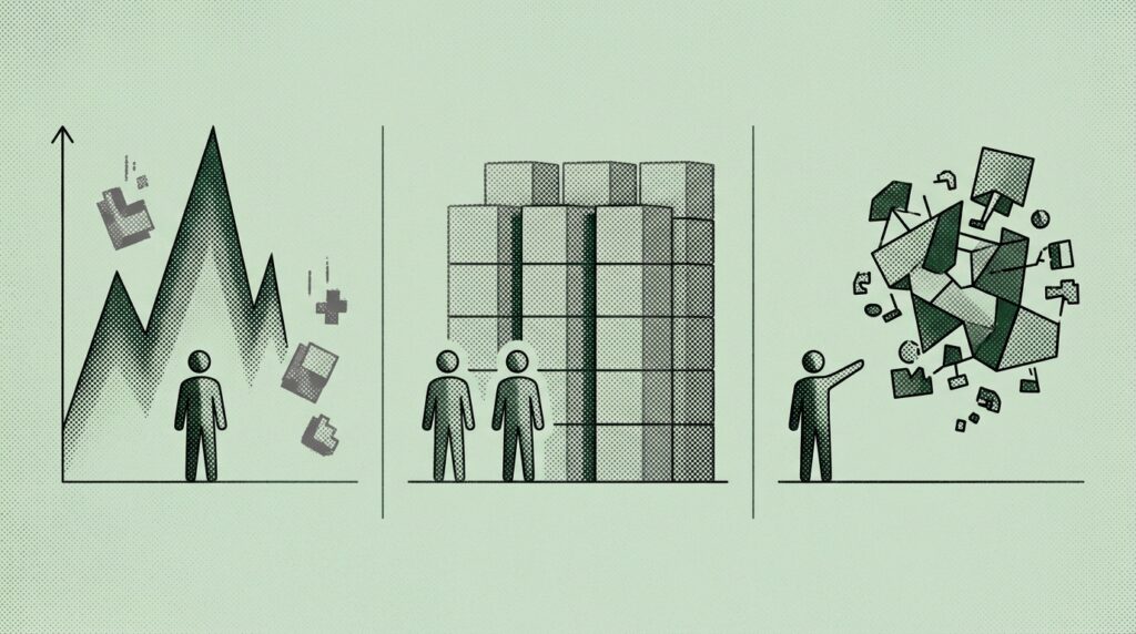 Illustrazione minimal orizzontale, halftone, fondo verde tenue, senza scritte, che descrive questa scena con pochissimi elementi: Tre scenari futuri per il capitalismo, nessuno è quello che speravo