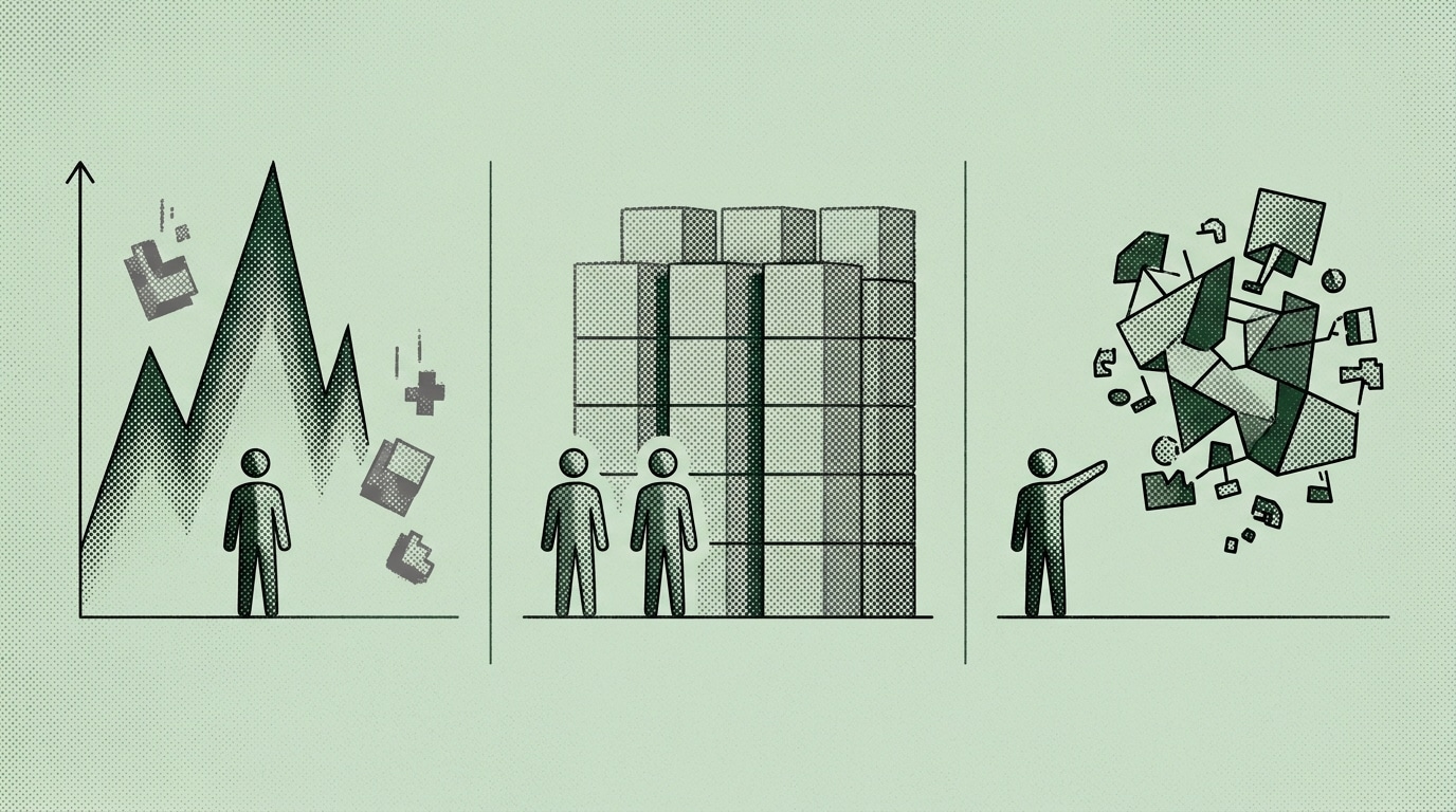 Illustrazione minimal orizzontale, halftone, fondo verde tenue, senza scritte, che descrive questa scena con pochissimi elementi: Tre scenari futuri per il capitalismo, nessuno è quello che speravo
