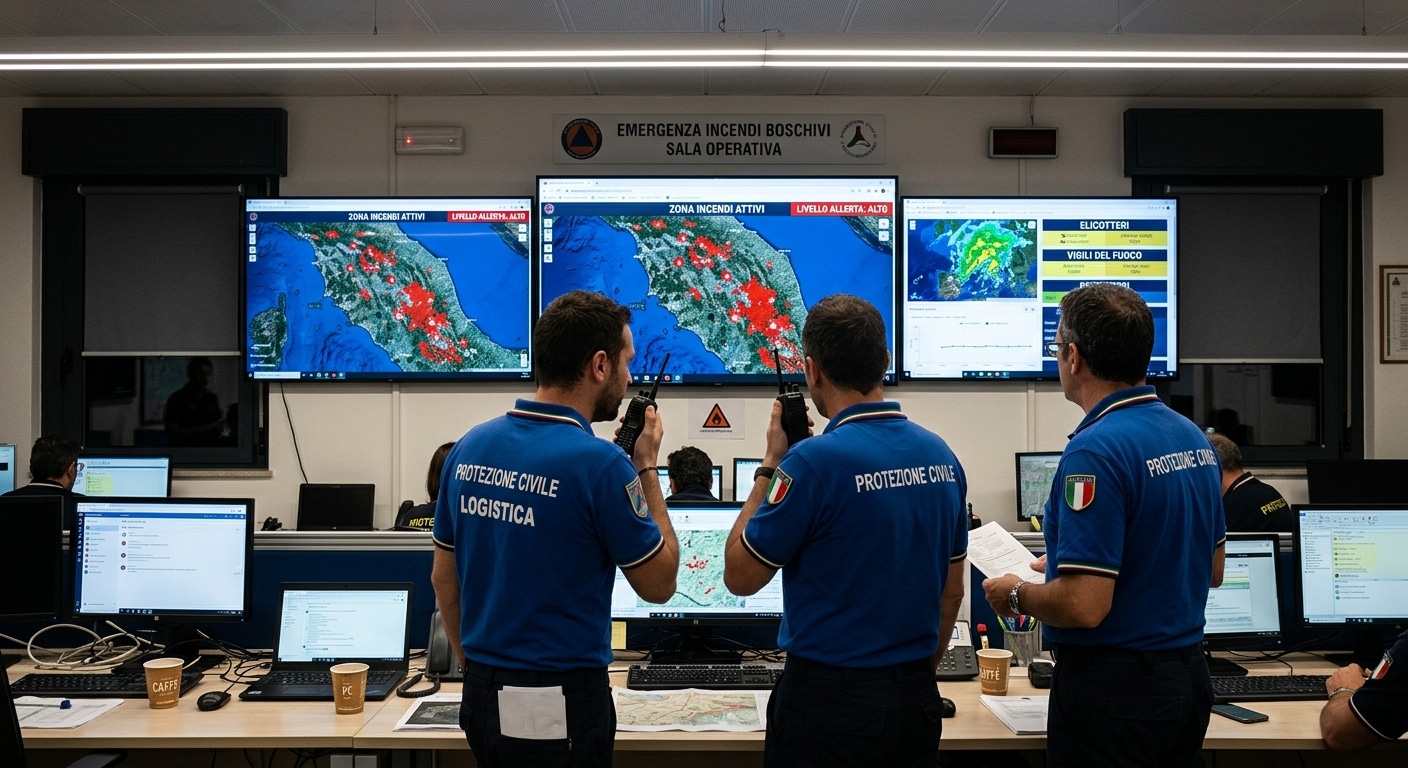 Incendi in Europa Interno di un centro operativo di protezione civile durante un'emergenza.