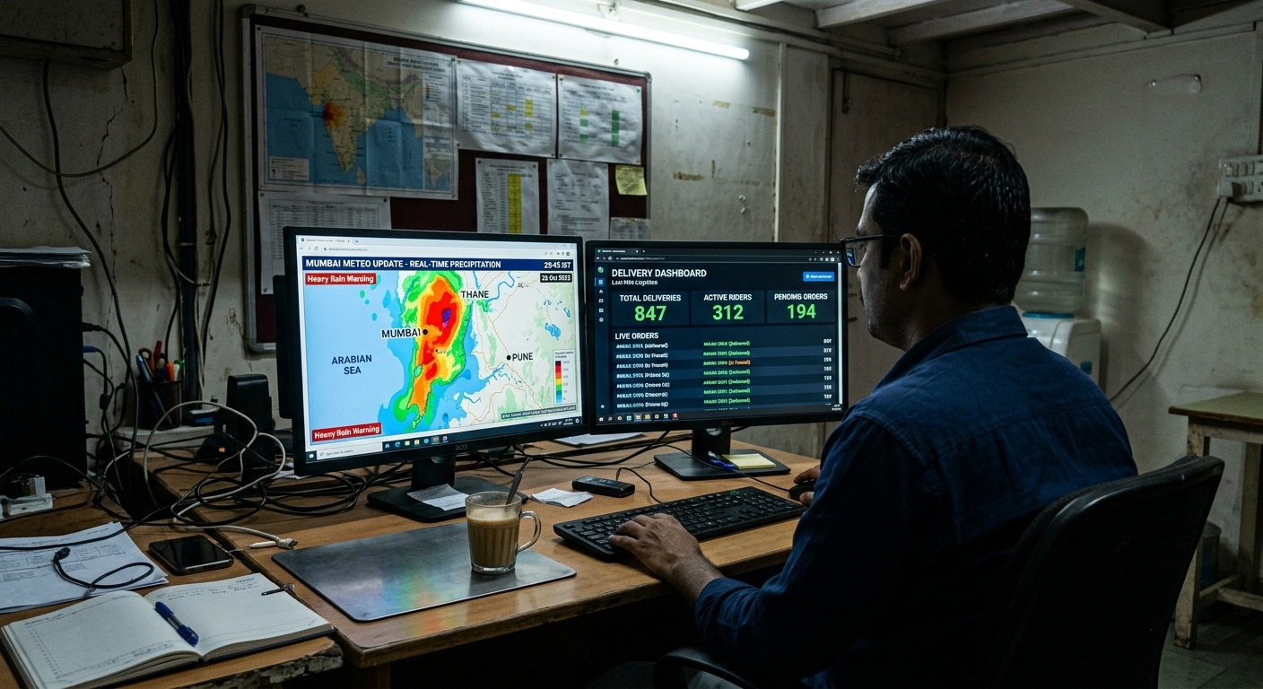 Delivery Interno di un piccolo ufficio in India con due monitor accesi. Su uno una mappa
