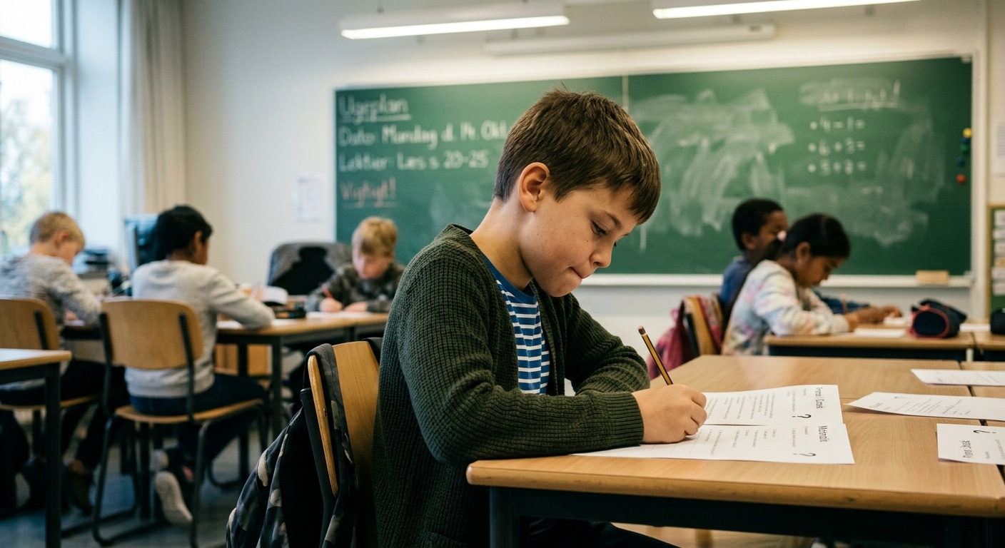 Vitamina D Un bambino di circa dieci anni seduto a un tavolo scolastico, di fronte a fogli