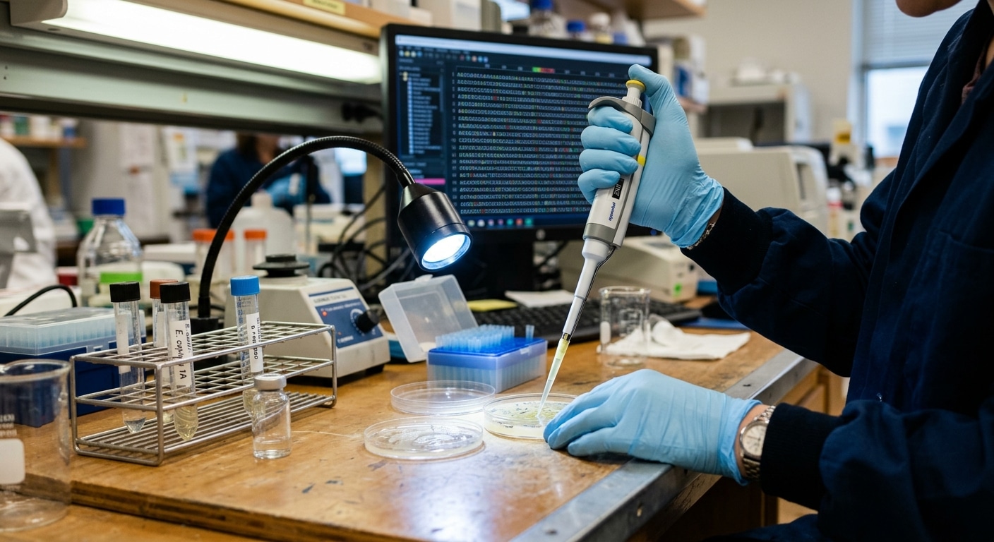 Fattoria Un laboratorio di microbiologia, banco da lavoro con provette e una piastra