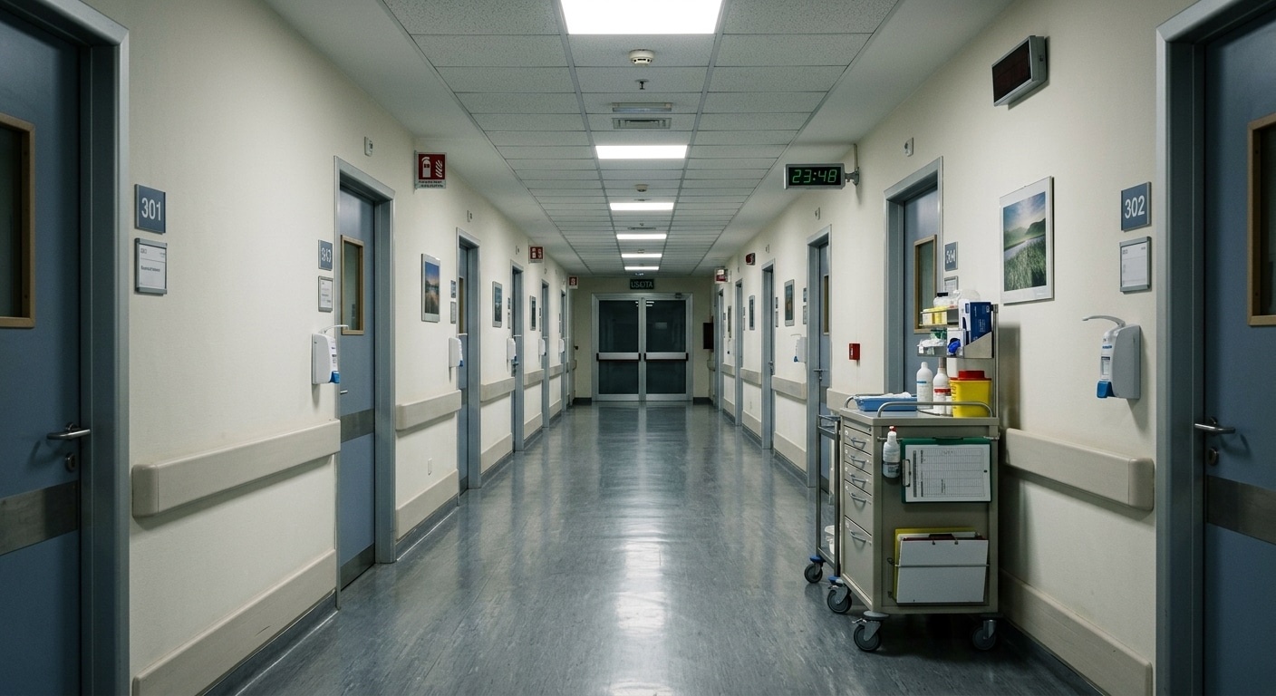 p53 CRISPR cancro Un lungo corridoio di un reparto oncologico ospedaliero, vuoto