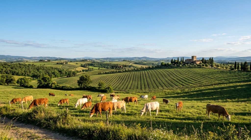 Dieta vegetale Un pascolo esteso di collina in Toscana visto in campo lungo, mucche da carne al pascolo in primo piano, sullo sfondo un campo coltivato a legumi con file regolari. Cielo sereno, luce del tardo pomeriggio, ombre lunghe. Camera ad altezza uomo, orizzonte basso per dare spazio al cielo.