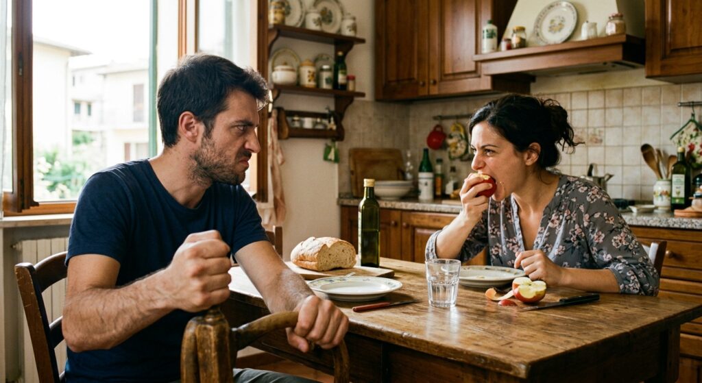 Misofonia Un uomo di trent'anni seduto a tavola in una cucina italiana normale, di fronte a lui una donna che mangia una mela con foga. Lui ha le mani strette sui braccioli della sedia, mascella tesa, sguardo fisso su di lei. Luce naturale di mezzogiorno da una finestra a sinistra. Composizione ravvicinata, dettaglio delle mani in primo piano. Toni caldi, quotidiani.