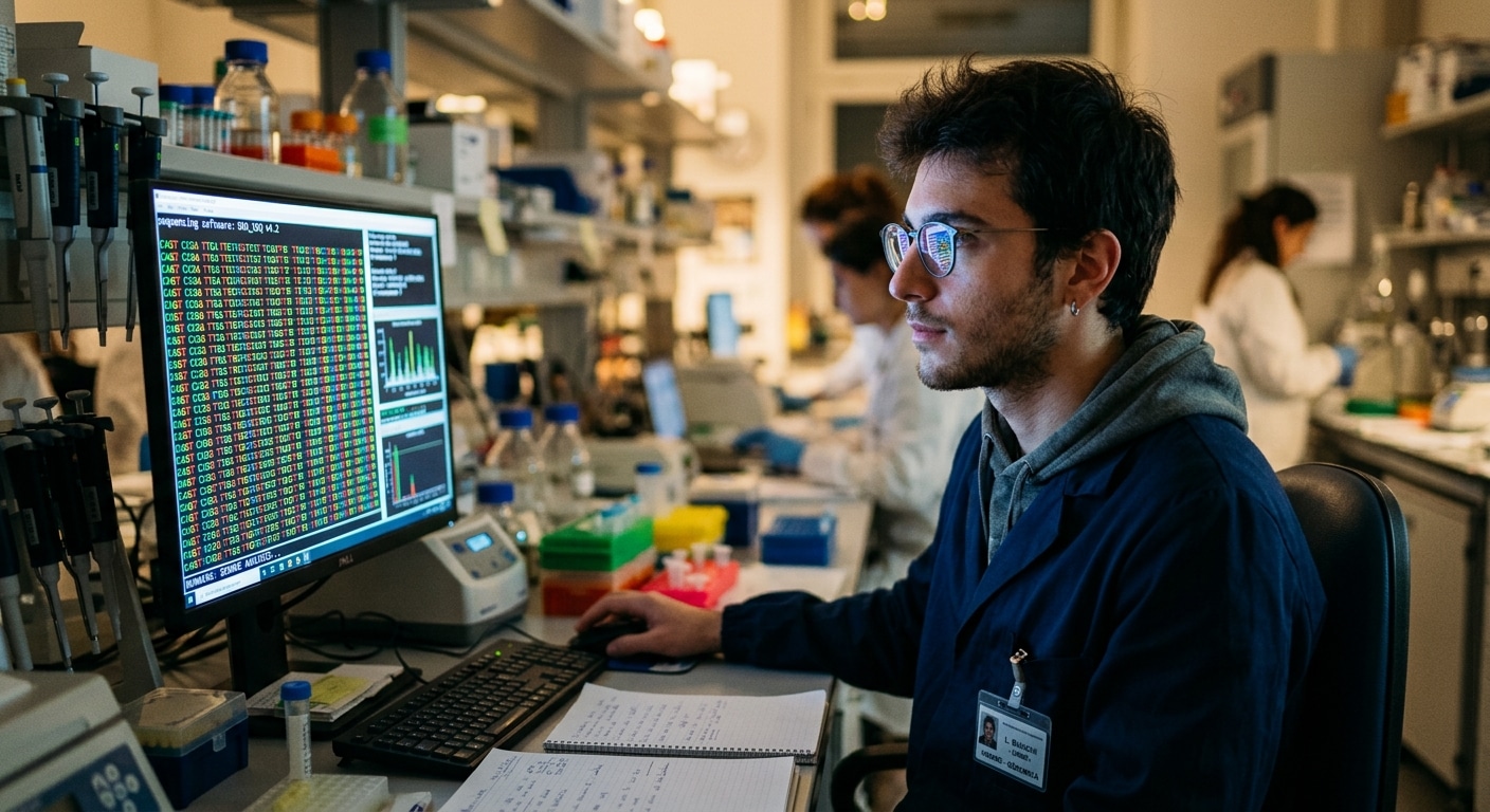 Virus AI Una schermata di monitor con sequenze di DNA (lettere A, T, G, C in colonne)
