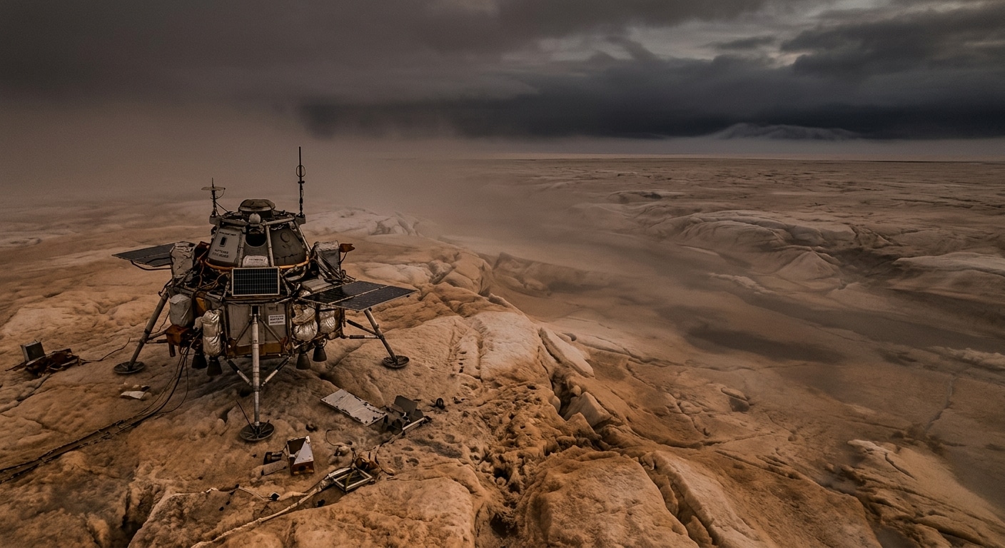 Titano Vista dall'alto di un lander spaziale posato su una pianura di ghiaccio