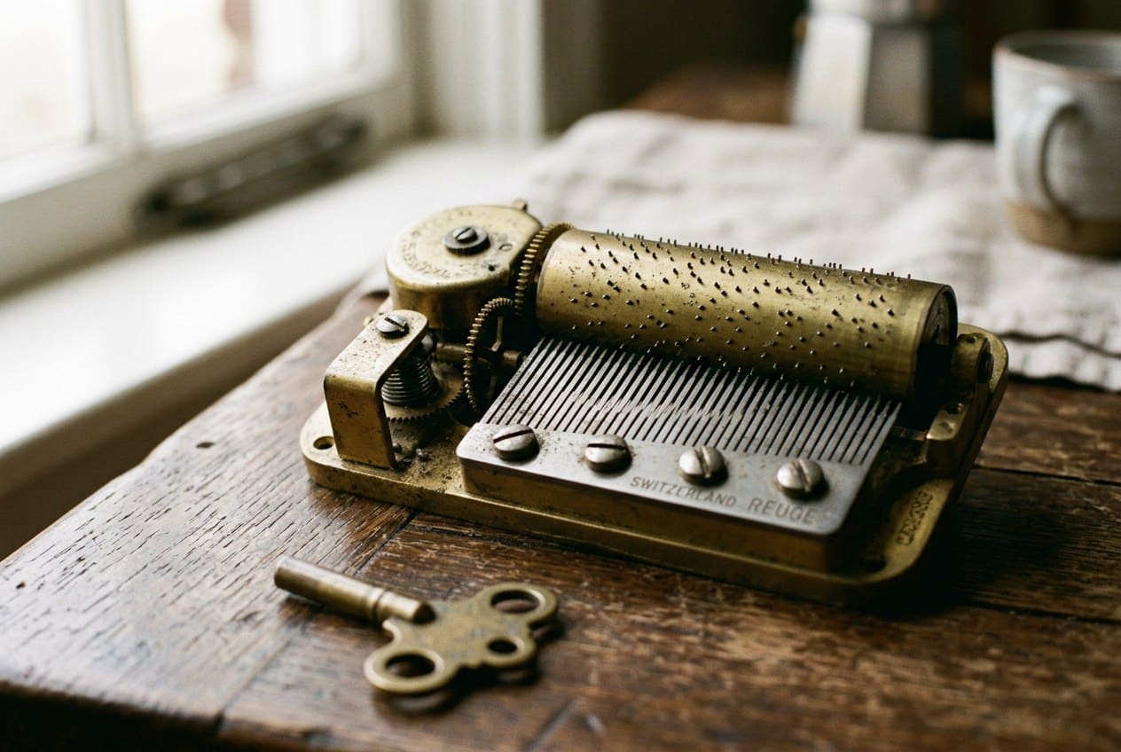 Cilindro di un carillon con le piccole punte di metallo e il pettine d'acciaio, come un biliardo