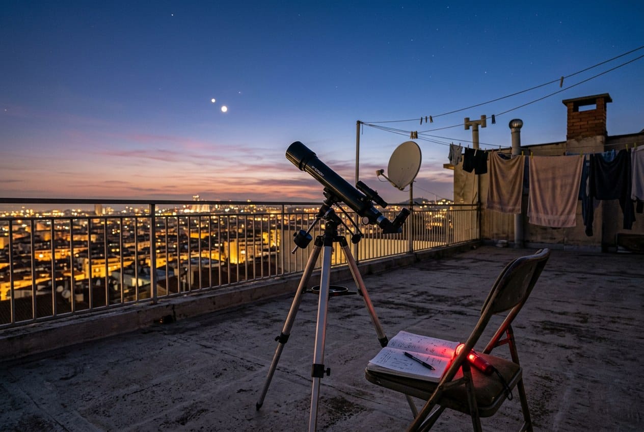 Telescopio amatoriale su un terrazzo al tramonto puntato verso due pianeti vicini