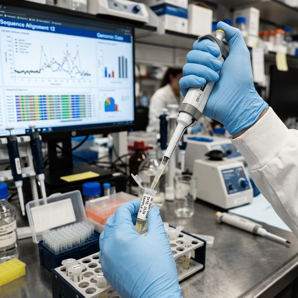 In laboratorio si cercano frammenti di DNA tumorale nel campione.