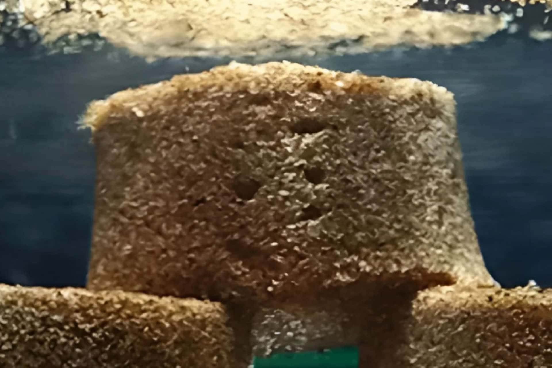 Blocco di sabbia stabilizzato dai biopolimeri, tagliato a metà, che conserva la propria forma