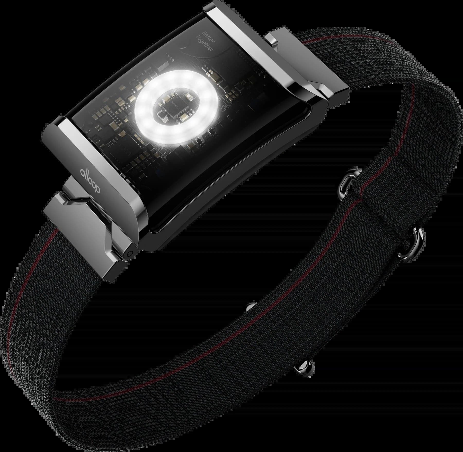 Il braccialetto in tessuto con il modulo Halo e il Cube montati. Alloop Trio