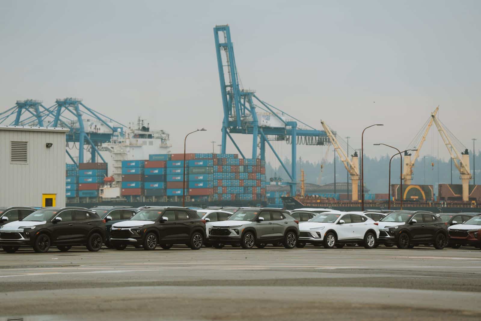 Auto nuove parcheggiate in un porto davanti alle gru dei container, immagine di repertorio sull'arrivo delle auto cinesi in Europa
