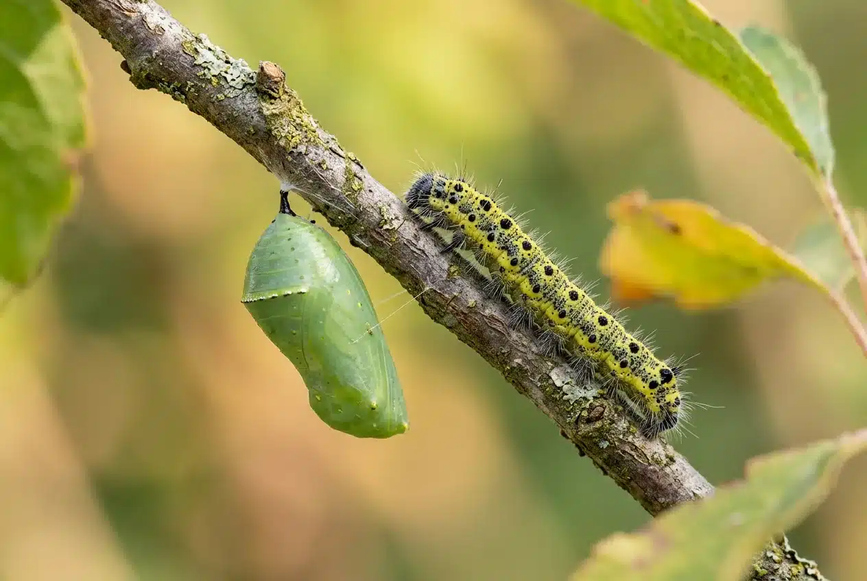Bruco di cavolaia e crisalide verde appesi a un ramoscello