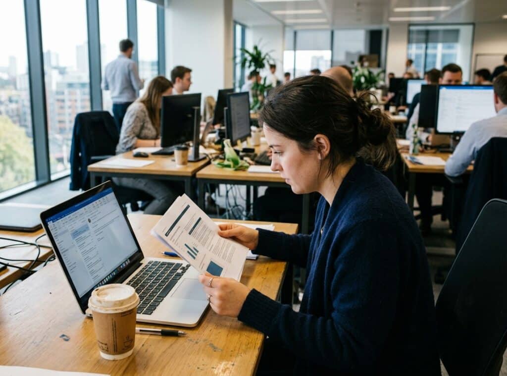 Una dipendente legge una mail e dei fogli alla scrivania di un open space, con un caffè accanto al laptop: il buyout di Microsoft arriva così.