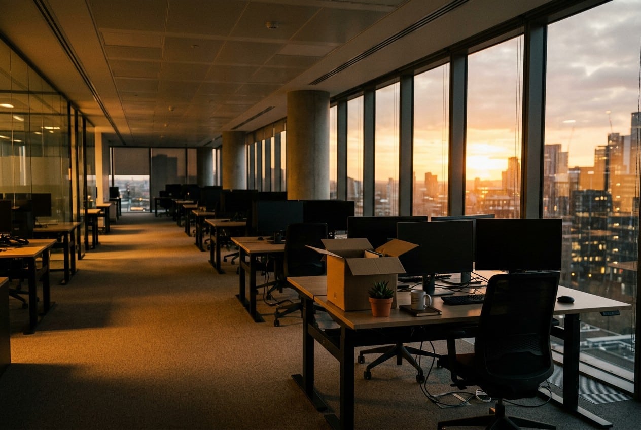 Una fila di scrivanie vuote al tramonto, con uno scatolone di cartone e una pianta su una di esse: il buyout di Microsoft ha una scadenza a dicembre.