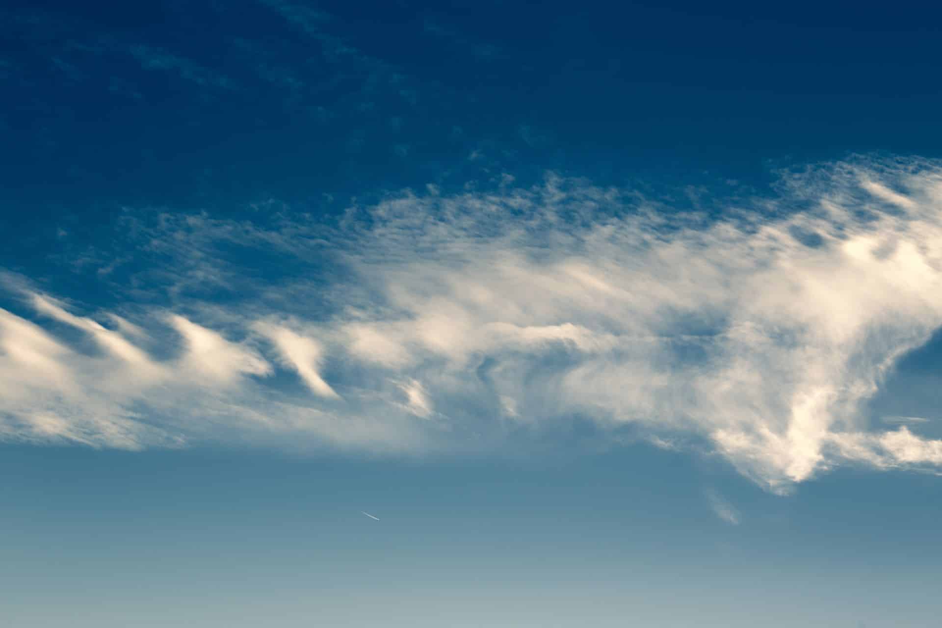 Cirri sottili e allungati in un cielo azzurro, con una scia d'aereo appena visibile in basso. Contrails