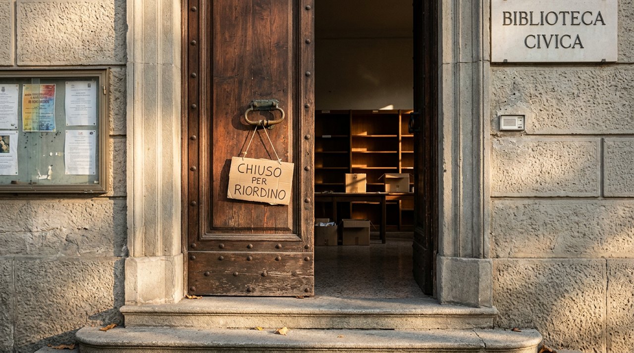 Il portone socchiuso di una biblioteca civica con un cartello di chiusura appeso alla maniglia e gli scaffali vuoti all'interno. Addestramento IA