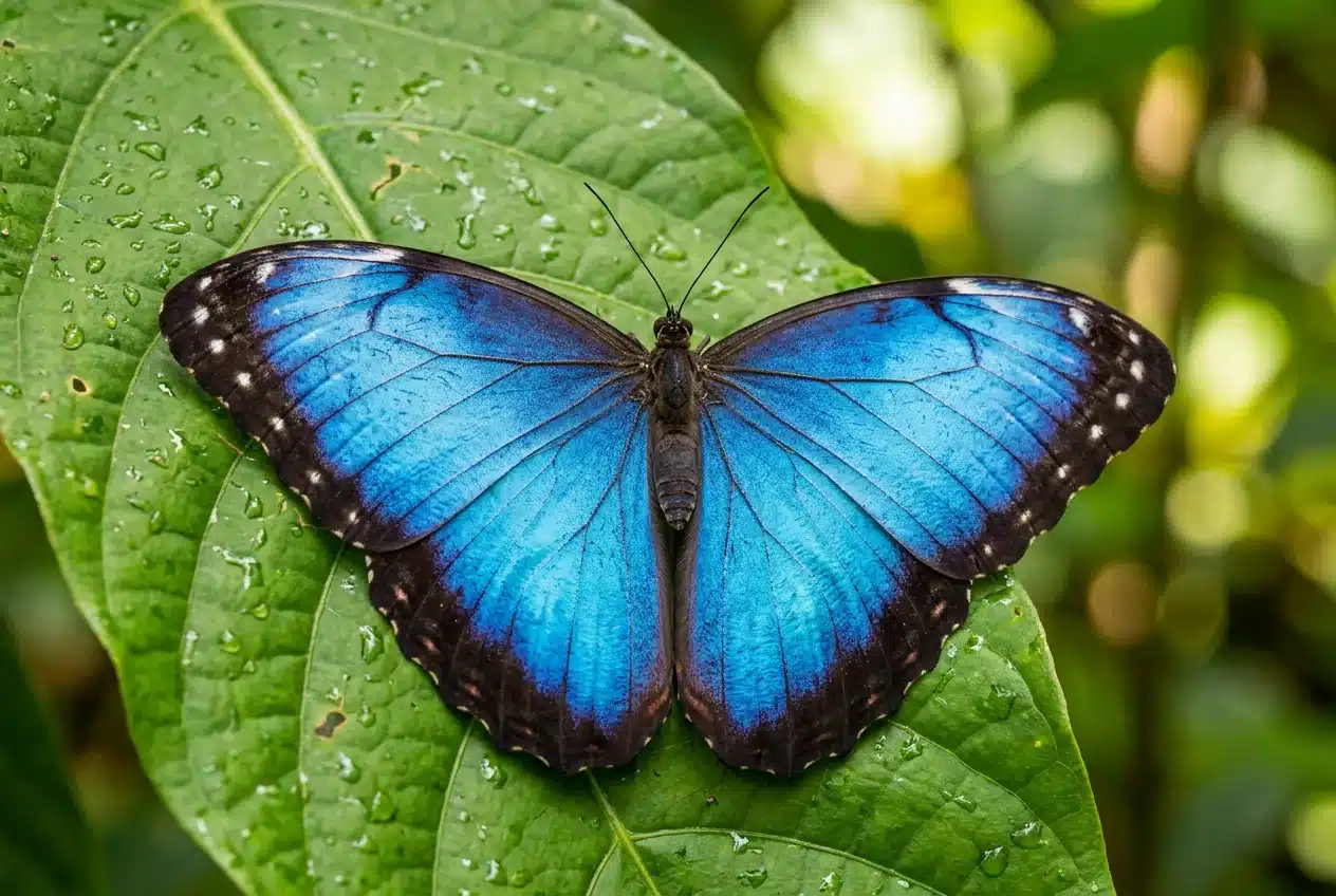 Farfalla Morpho blu con le ali aperte su una foglia verde