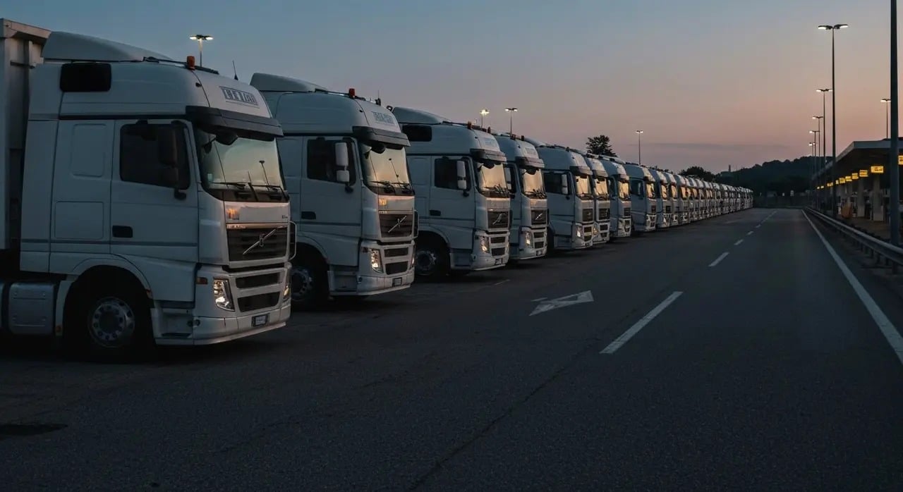 Una lunga fila di tir in sosta al tramonto: la crisi diesel pesa sull'autotrasporto