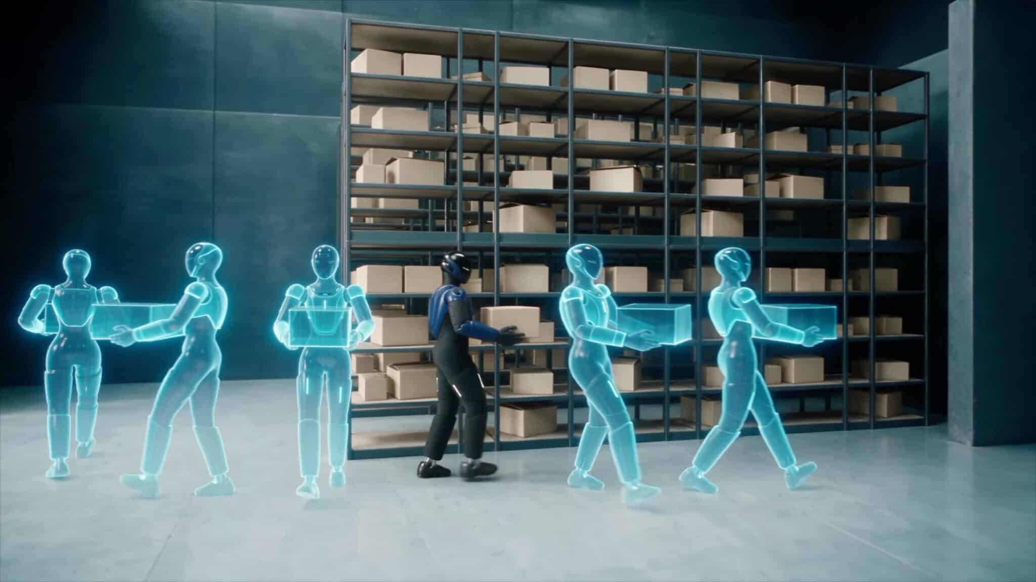 Robot umanoidi in un magazzino: un robot scuro con le spalle blu e 5 sagome azzurre che rappresentano i gemelli digitali