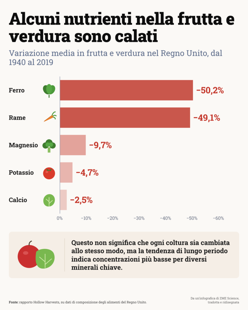 Grafico a barre in italiano: ferro e rame calati di circa il 50% in frutta e verdura britanniche dal 1940 al 2019, magnesio, potassio e calcio molto meno, minerali in calo