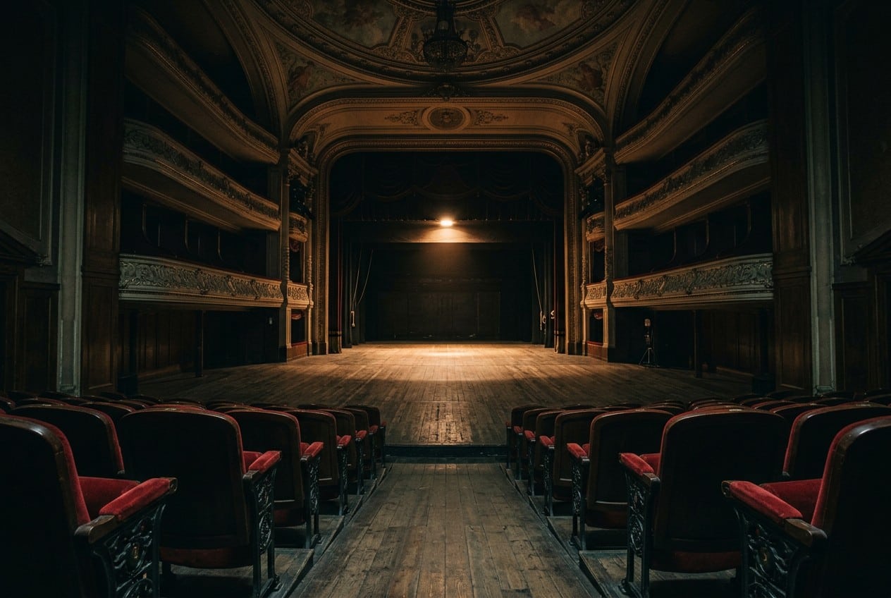 Un teatro storico vuoto visto dalla platea, con un faro acceso sul palco di legno. Patrick Stewart