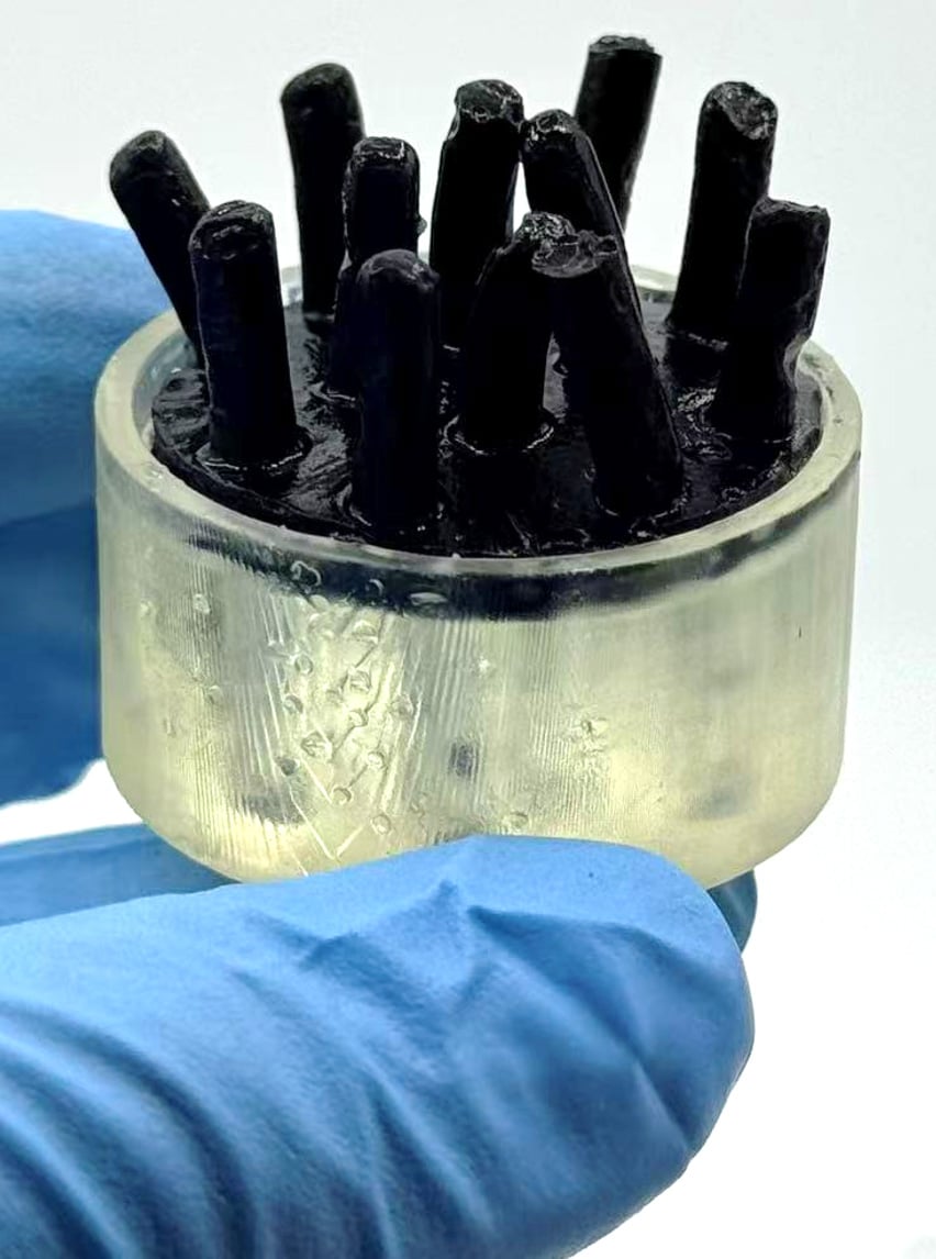 Biobatteria a villi dell'intestino costruita a Binghamton: dita di idrogel nero su un supporto trasparente, tenuta in mano con un guanto blu