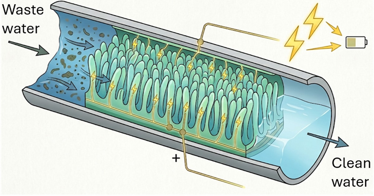 Schema di una tubatura di scarico con villi di gel che producono corrente dall'acqua sporca, ispirati all'intestino