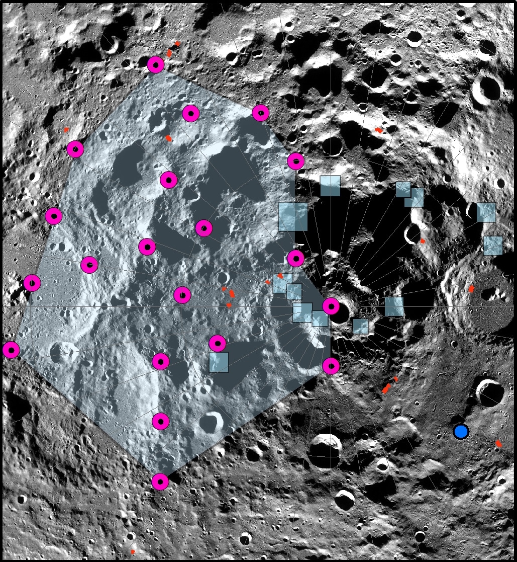 Mappa del polo sud della Luna con l'area dell'epicentro del terremoto lunare più forte registrato da Apollo e le regioni proposte per Artemis III