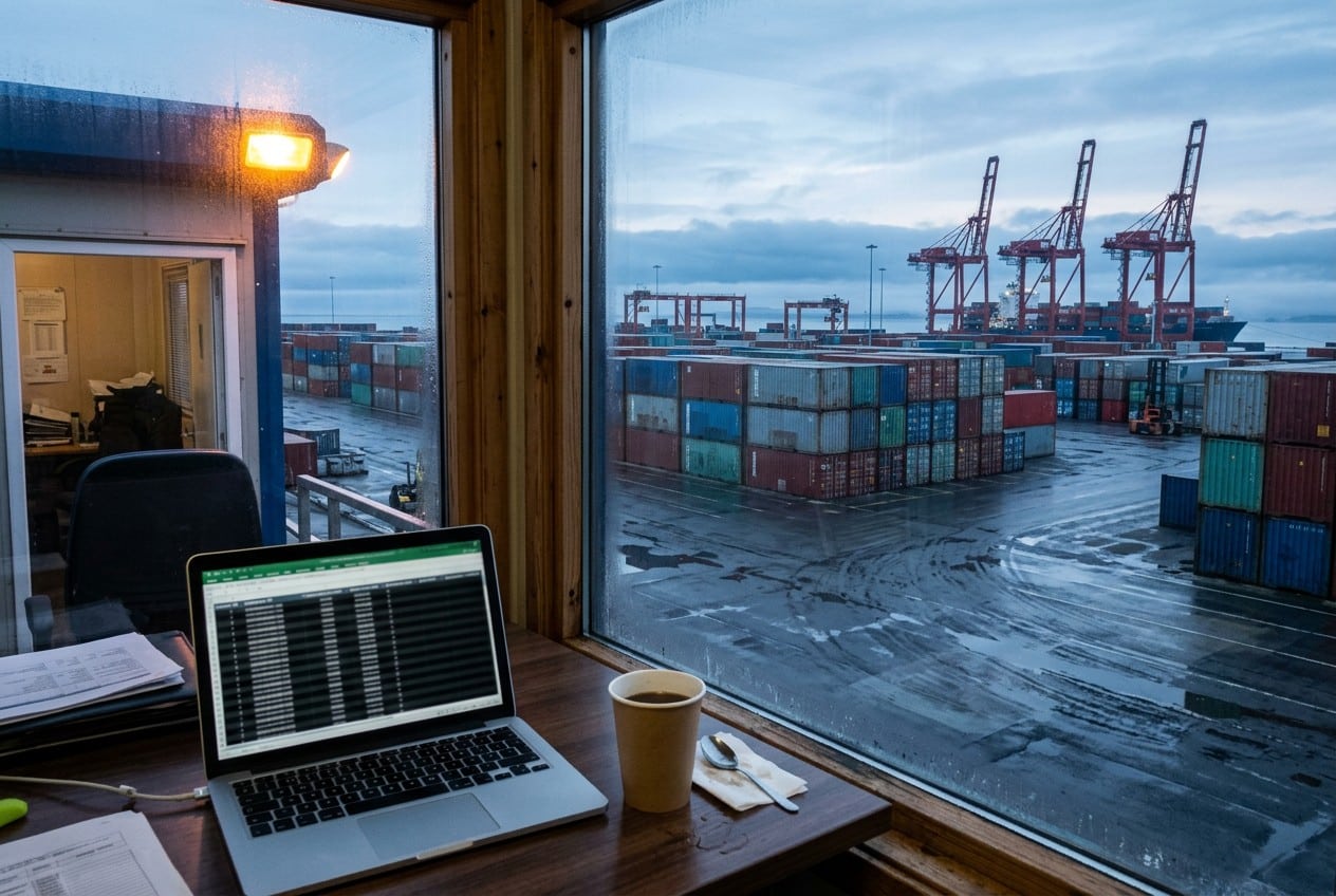 Terminal container di un porto del nord Europa all'alba, visto da una cabina di controllo