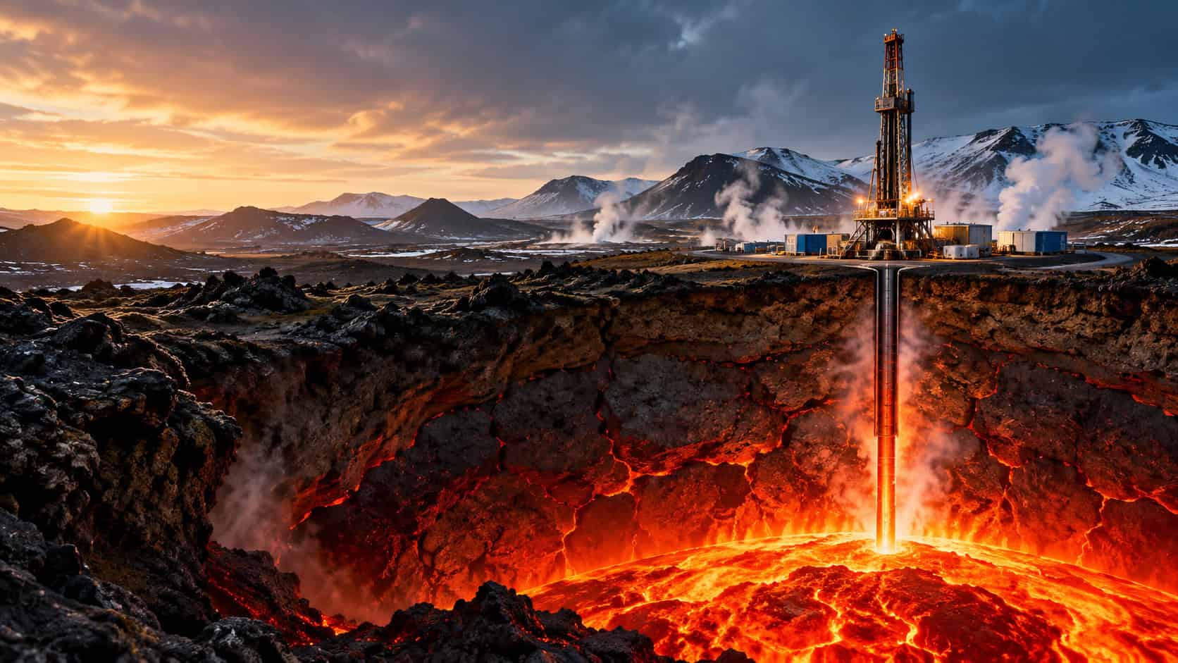 Illustrazione generata con IA di un impianto geotermico che trivella verso una camera di magma