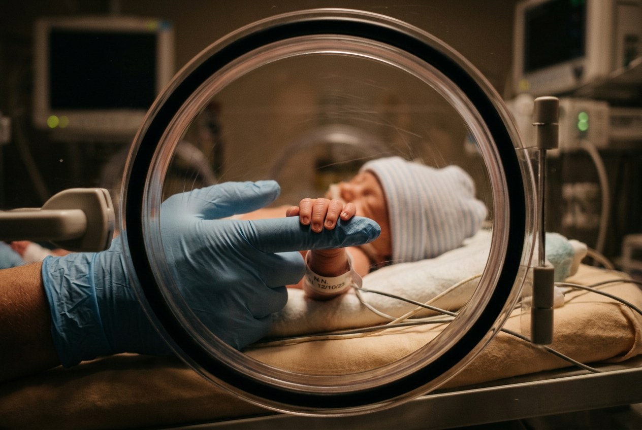 Mano di un neonato prematuro stretta al dito di un operatore in una culla termica, nascita prematura in terapia intensiva