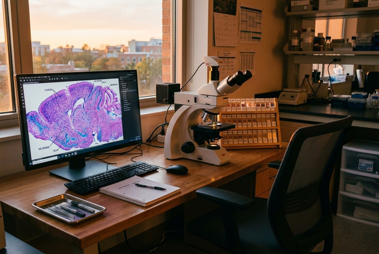 Postazione di laboratorio con una sezione di tessuto cerebrale su schermo, strumento usato per studiare la nascita prematura
