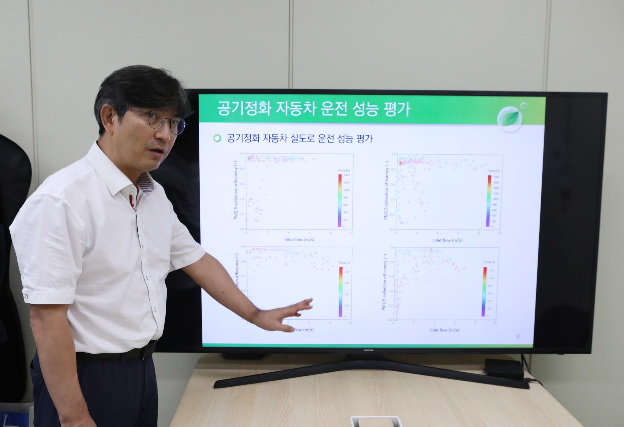 Un ricercatore del KIMM indica su uno schermo i grafici dell'efficienza di cattura delle polveri sottili PM2,5 in prova su strada