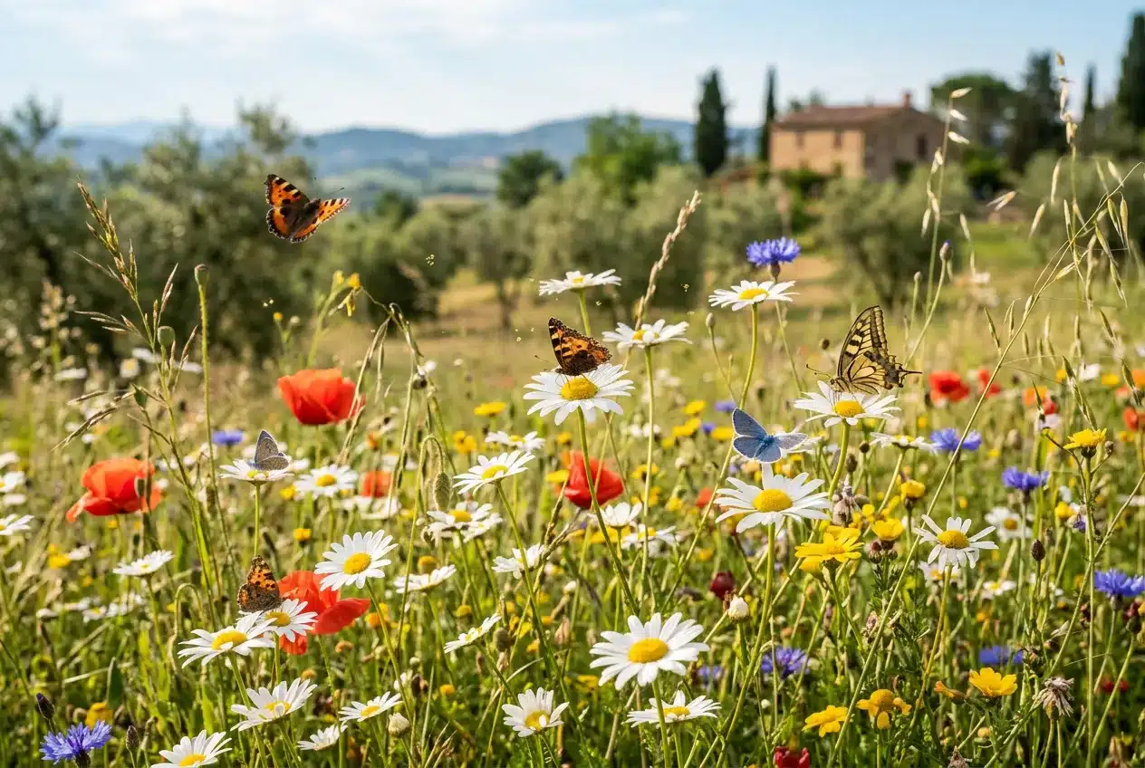 Prato fiorito con margherite, papaveri e diverse farfalle in volo