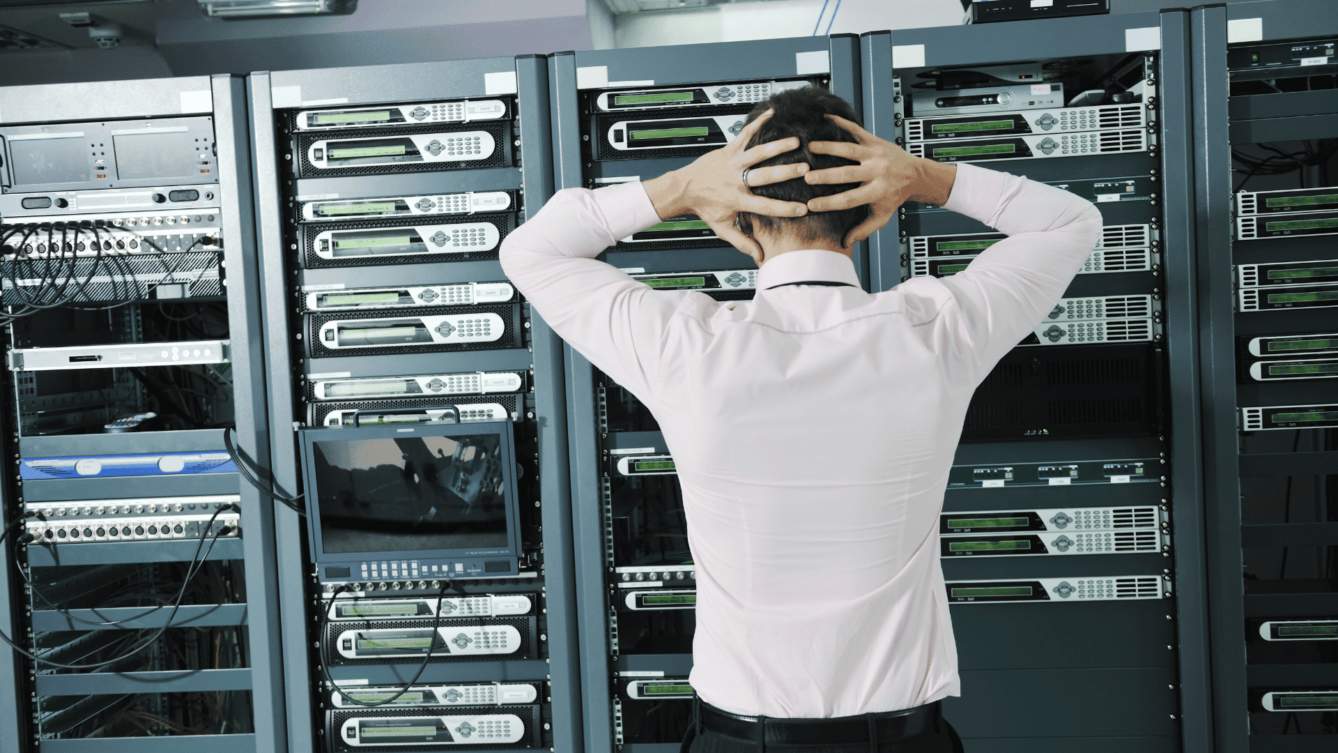 Tecnico di spalle con le mani sulla testa davanti ai rack di una sala server: il tipo di guasto che la lettera di Hinton e degli altri firmatari vuole contenere
