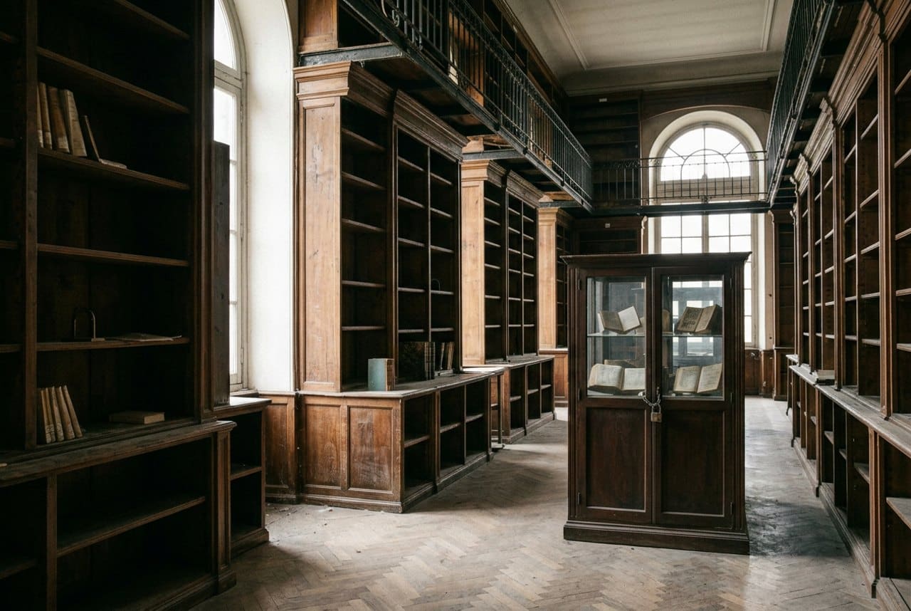 Una sala di biblioteca con interi scaffali svuotati e una vetrina chiusa con un lucchetto in fondo. Addestramento IA